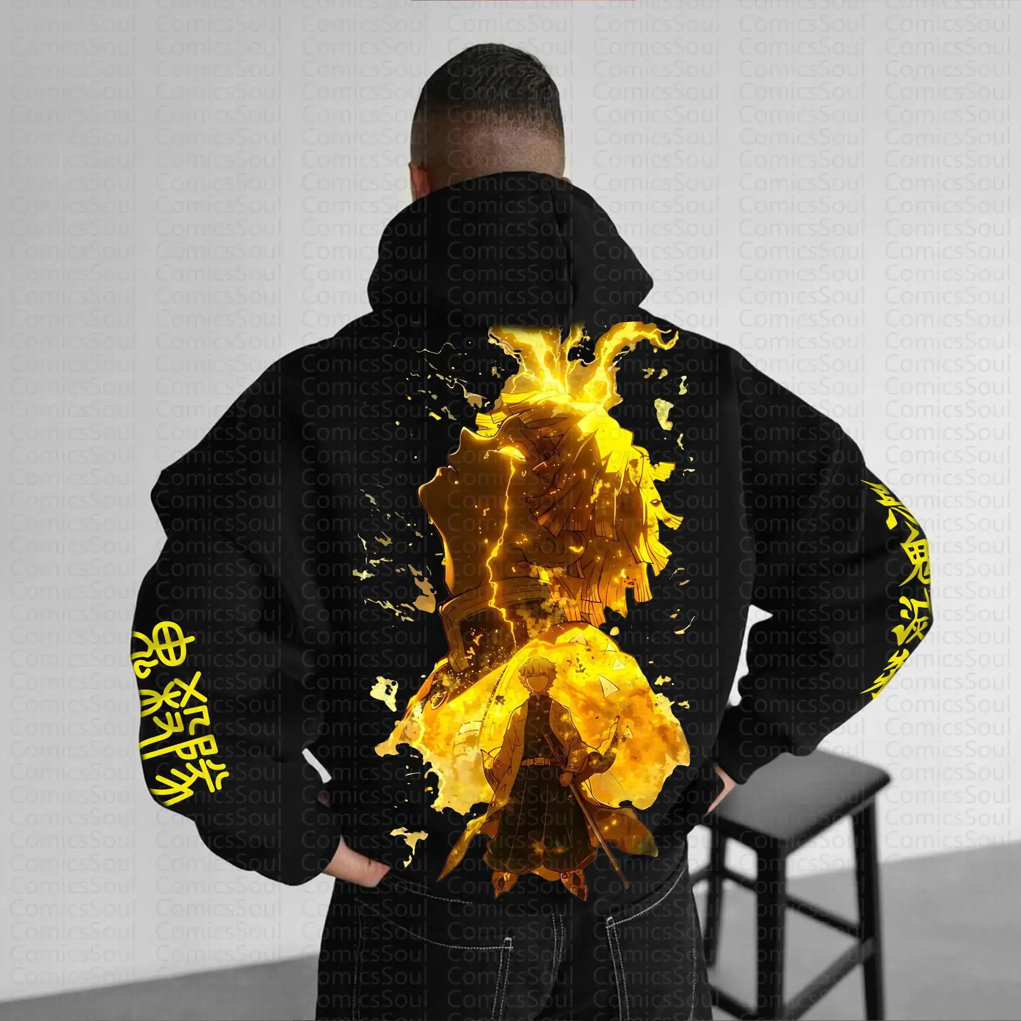 Zwarte Demon Slayer hoodieset met karakter achterkant Vlamprint Mouwpatroon Borst aan de voorkant Logo Kimetsu No Yaiba Tweedelige outfit