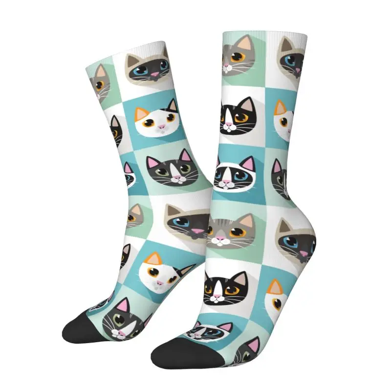 Custom Kawaii Men's Funny Cute Cats Heads  Pattern Dress Socks Unisex Warm Breathbale 3D Printing Crew Socks