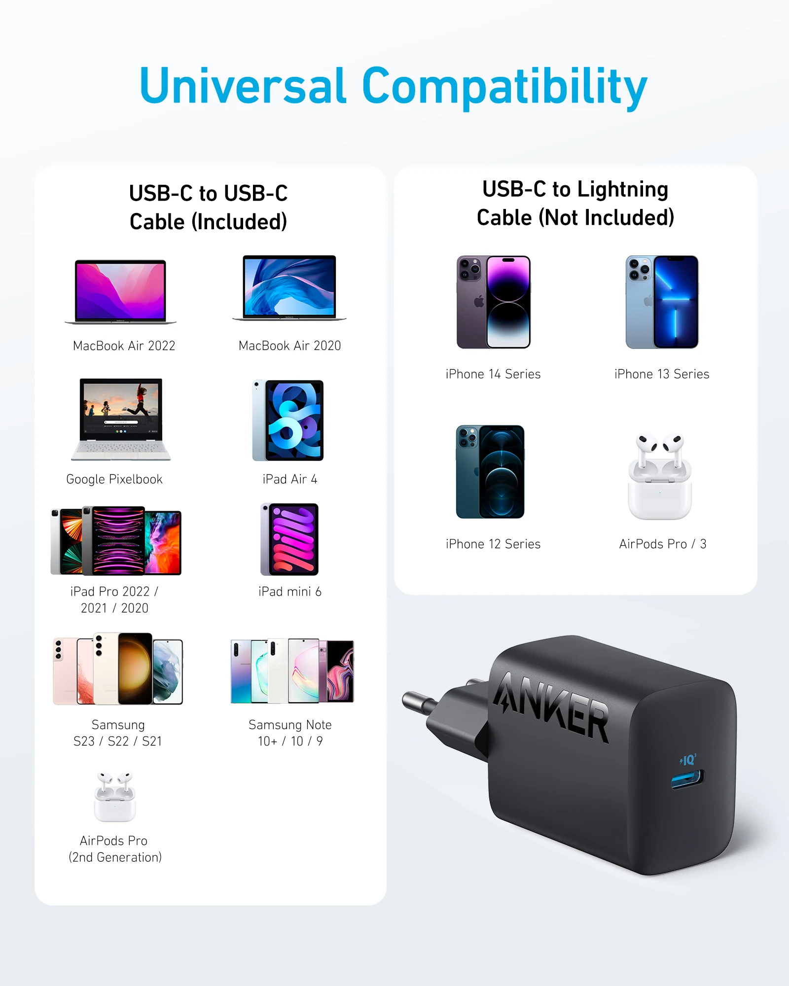 Anker-usb-c carregador 30w, fonte de alimentação compacta, alta velocidade, carregador rápido, para iphone, samsung s23, macbook