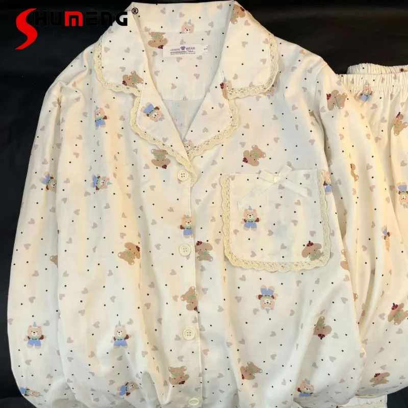 

Cute Cartoon Pure Cotton Pajamas for Women Spring Autumn Long Sleeve Long Pants Set Female Japanese Style Sweet Home Wear