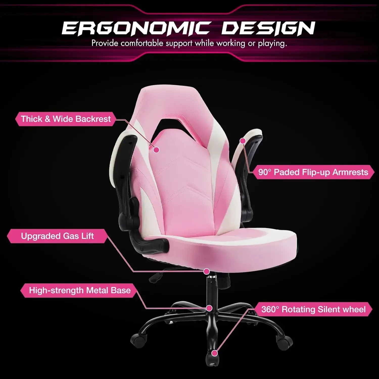 Tools. Computer Gaming Desk Chair - Pink Ergonomic Office Executive Adjustable Swivel Task PU Leather Racing Chair wit