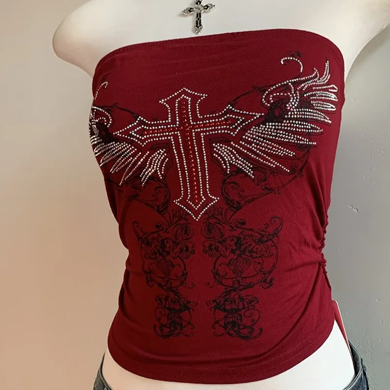 Y2K Strapless Vest for Women Dark Personality Pattern Printed Backless Slim Fit Short Top for Niche Spicy Girls Outfit