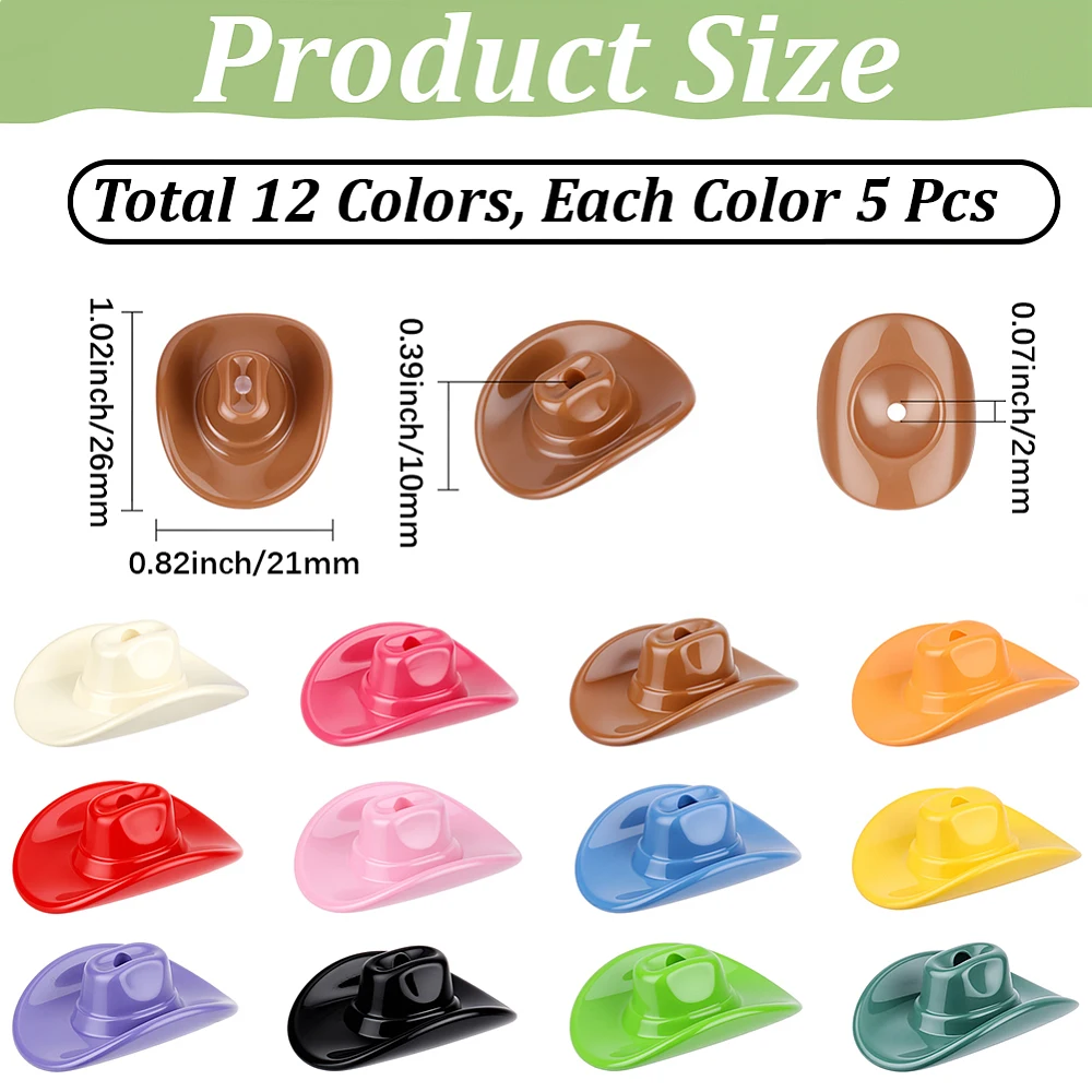 60Pcs Cowboy Hat Beads Mini Acrylic Western Colorful Caps Opaque Old West Cowboys 3D Charms Plastic Hats Tiny Spacer Desert