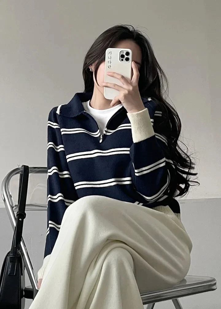 Korean Style Lazy Striped Zipper Color Block Long Sleeve Women's Soft Sweater Autumn Winter New Design Knitted Shirt