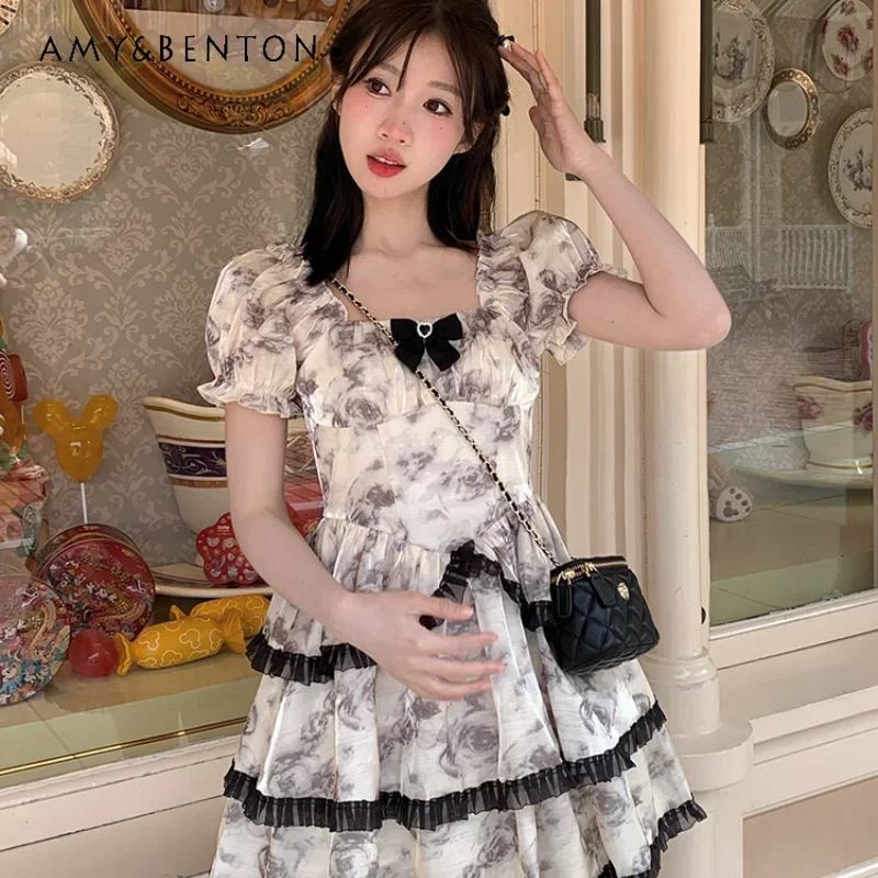 2024 New Casual Summer Short Sleeves Marble Rose French Style Retro Puff Sleeve Waist Slimming Fashionable Versatile Dress Girls