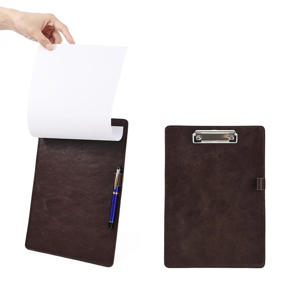 JOGUJOS A4 Clipboards Genuine Cow Leather with Pen Holder Loop Portable Business Office Writing A4 File Organizer Clip Folder