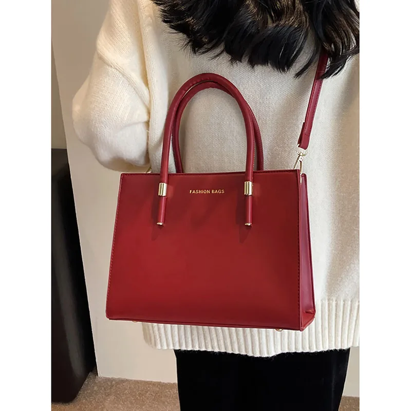 Red High-end Texture Tote Bag Temperament Portable Shoulder Crossbody Bag Women 2024 Spring New Large Capacity Casual Square Bag