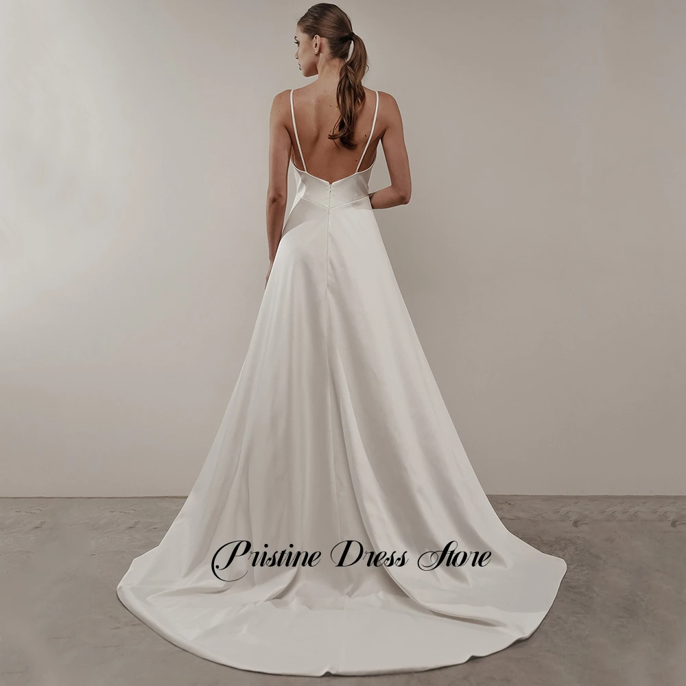 Simple Spaghetti Strap V-Neck Satin A Line Wedding Dress With Chapel Train Customized Open Back Bridal Gown for Beach Wedding