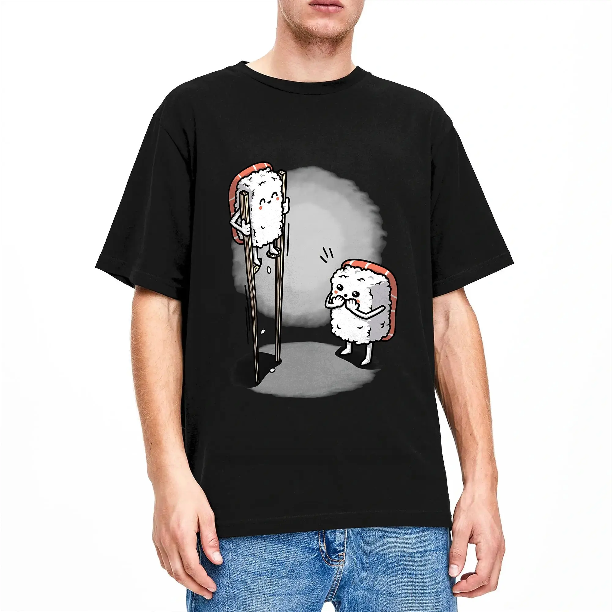 Printed Sushi in Chopsticks  T Shirt Men 100%Cotton Short Sleeve Sushi Wardrobe Round Neck Summer Top Tee