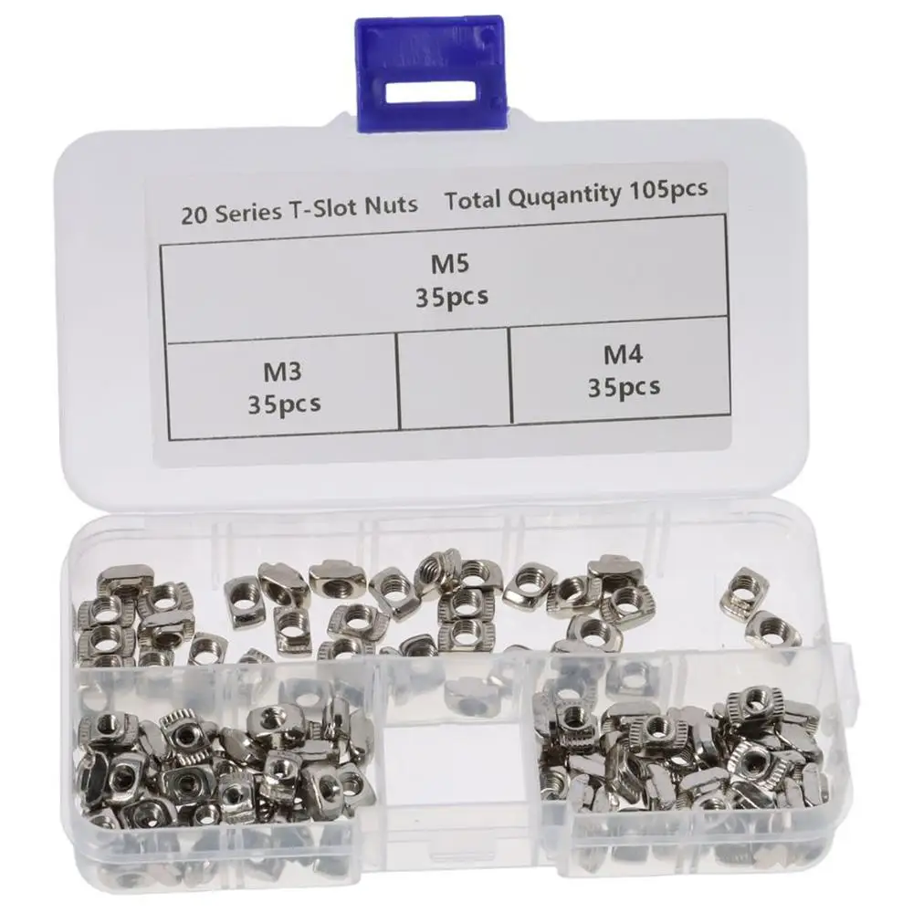 

105 шт. M3 M4 M5 2020 Серия T гайка никелированная углеродистая сталь 3 размера T слот гайка T болт 2020 алюминиевый экструзионный профиль