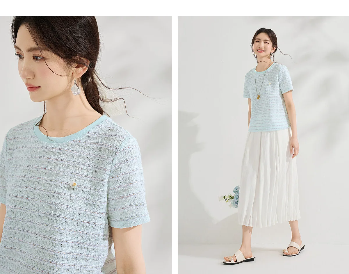 SENTUBILA Vielseitiges geripptes Rundhals-T-Shirt für Damen mit Streifenmuster, Sommer 2026, strukturiertes, gerades Strick-Oberteil, Damenbekleidung Q62TL7174 – Detail 24