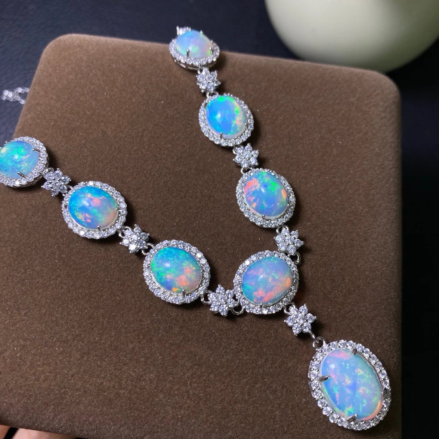 Natural Opal Statement Necklace, S925 Silver Inlaid, Luxury Elegant Gemstone Chain, Daily Jewelry for Women