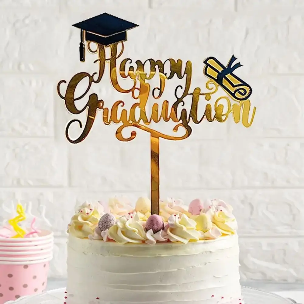 1 Pc Black Gold Acrylic Happy Graduation Cap Cake Toppers Cartoon DIY Congrats Cake Topper Bachelor Hat Cap Cake Decoration