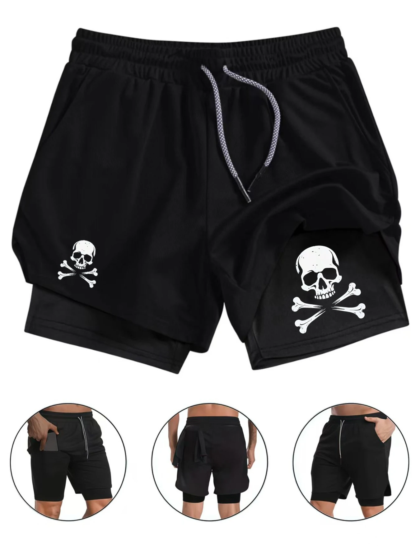 Skull Head Print Men'S Fitness Shorts Double Layer Anti-Flash + Padded Phone Pocket And Towel Loop Butt Zipper Pocket Quick-Dry