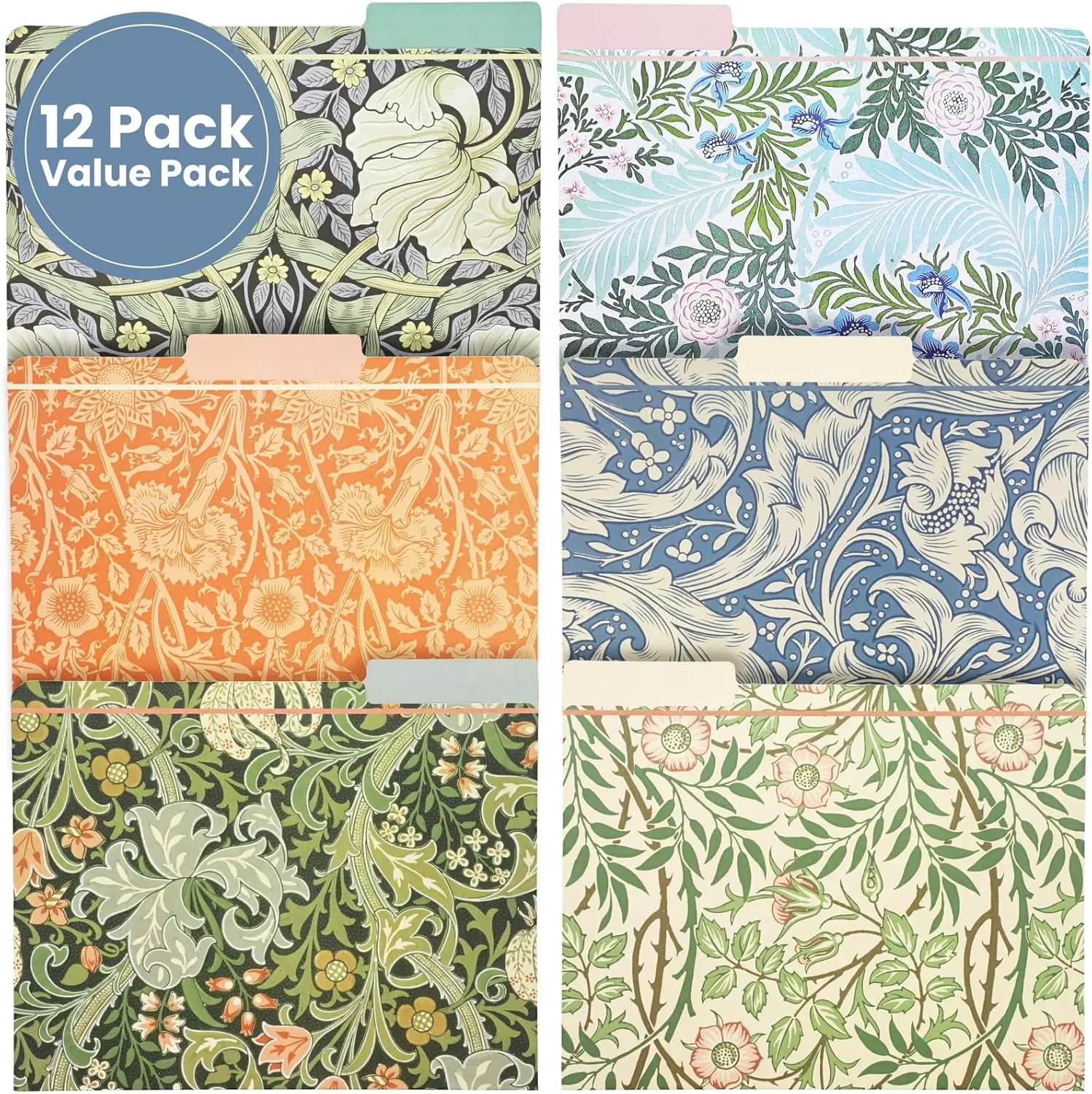 

12 Pack William Morris Floral File Folders, Decorative 1/3 Cut Tab, Letter-Size Holders for Home Office in 6 Patterned Designs