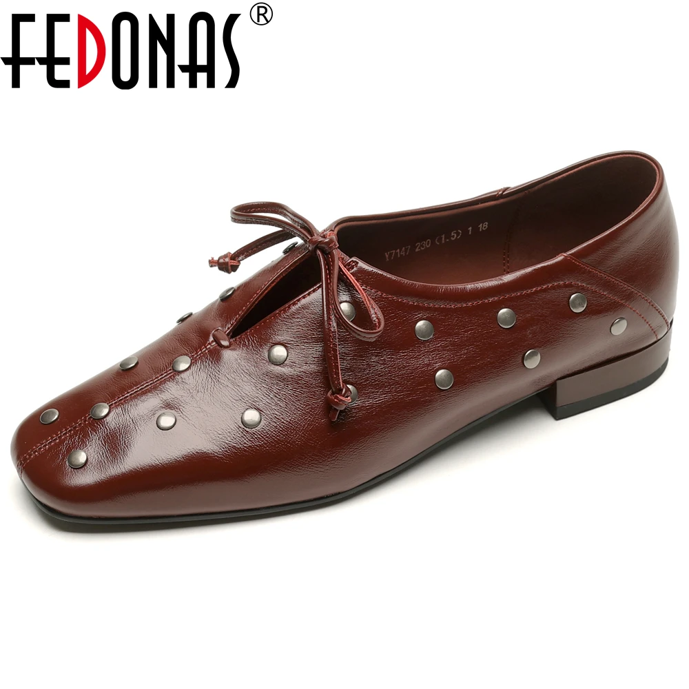 FEDONAS 2025 New Rivets Genuine Leather Women Pumps Thick High Heels Spring Summer Lady Party Prom Shoes Woman Pumps