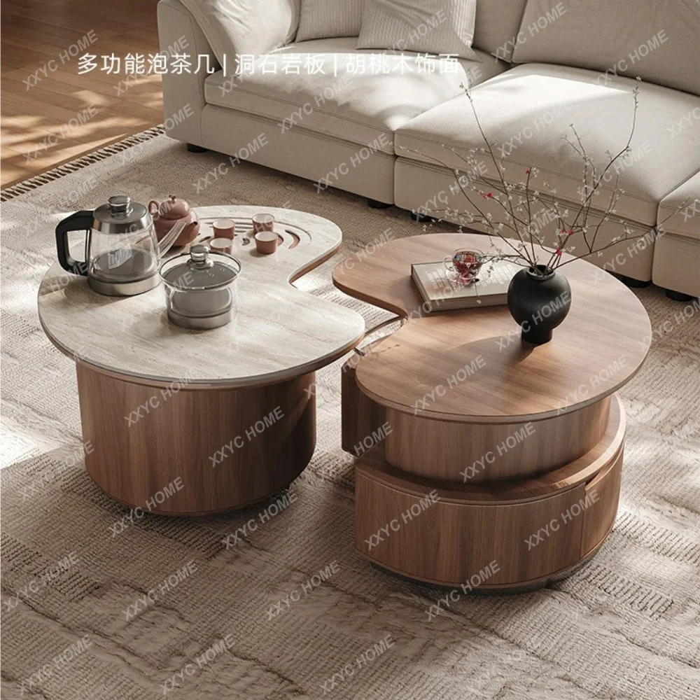 Living room household small apartment travertine rock slab multi-functional movable coffee table tea integrated