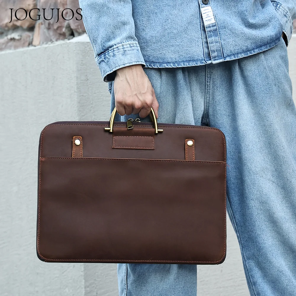 

JOGUJOS Genuine Cow Leather Briefcase for 15.6" Laptop Retro Attache Case Business Document Office Handbag Bag for Men and Women