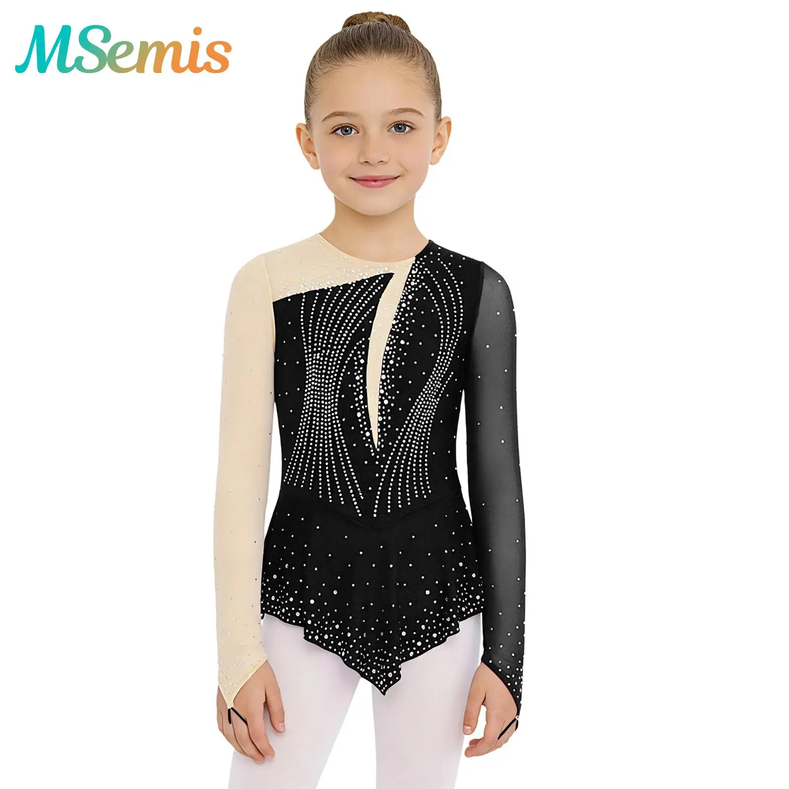 

Детское платье для гимнастики, фигурного катания, балета и современного танца с блестящими стразами, длинными рукавами и отверстиями для пальцев