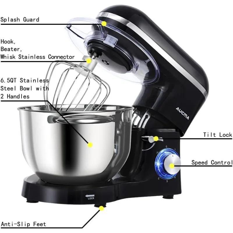 Stand Mixer,6.5-QT 660W 6-Speed Tilt-Head Food Mixer, Kitchen Electric Mixer with Dough Hook, Wire Whip & Beater (6.5QT, B