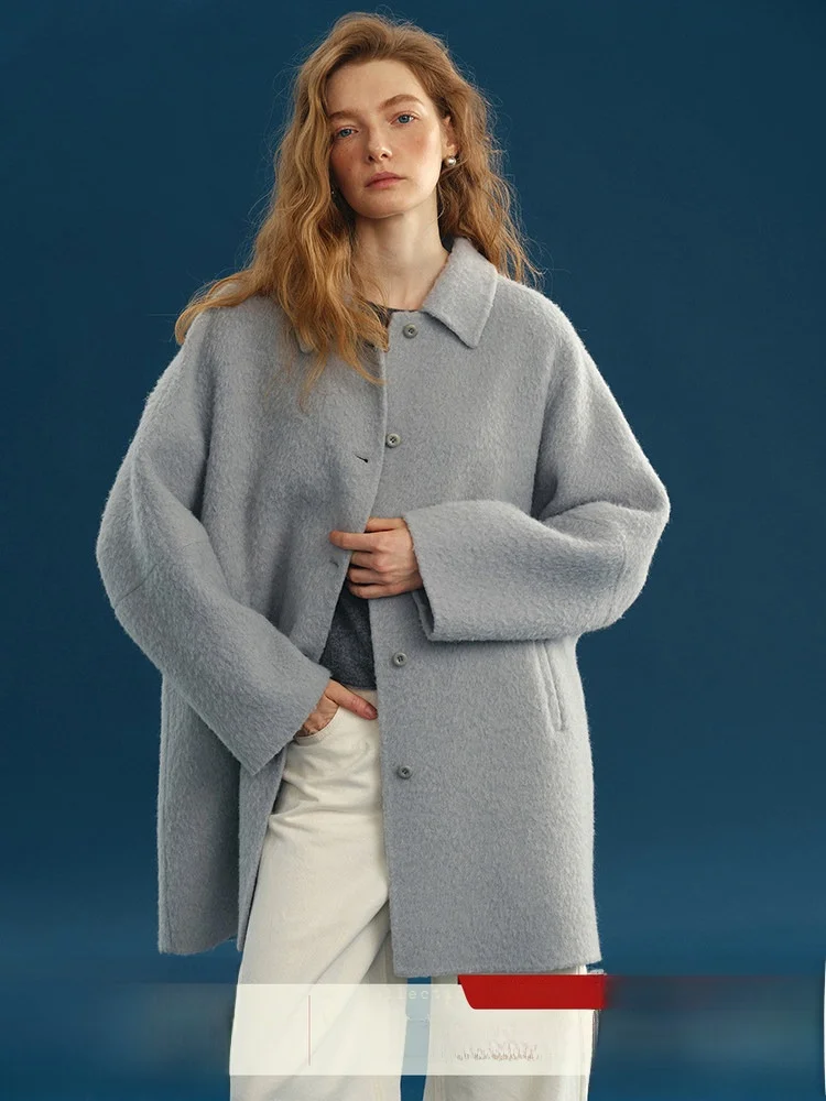 

Двустороннее шерстяное пальто из верблюжьей шерсти, синее, средней длины, женская верхняя одежда, с отложным воротником, повседневное, для работы, однотонное