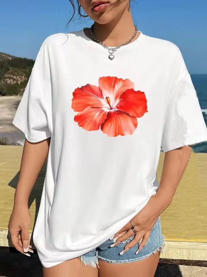 Summer Women Fashion Cherry T-Shirt Cherry Print O-Neck Tops Tees Floral Graphic Short Sleeve Clothing Female Casual Streetwear