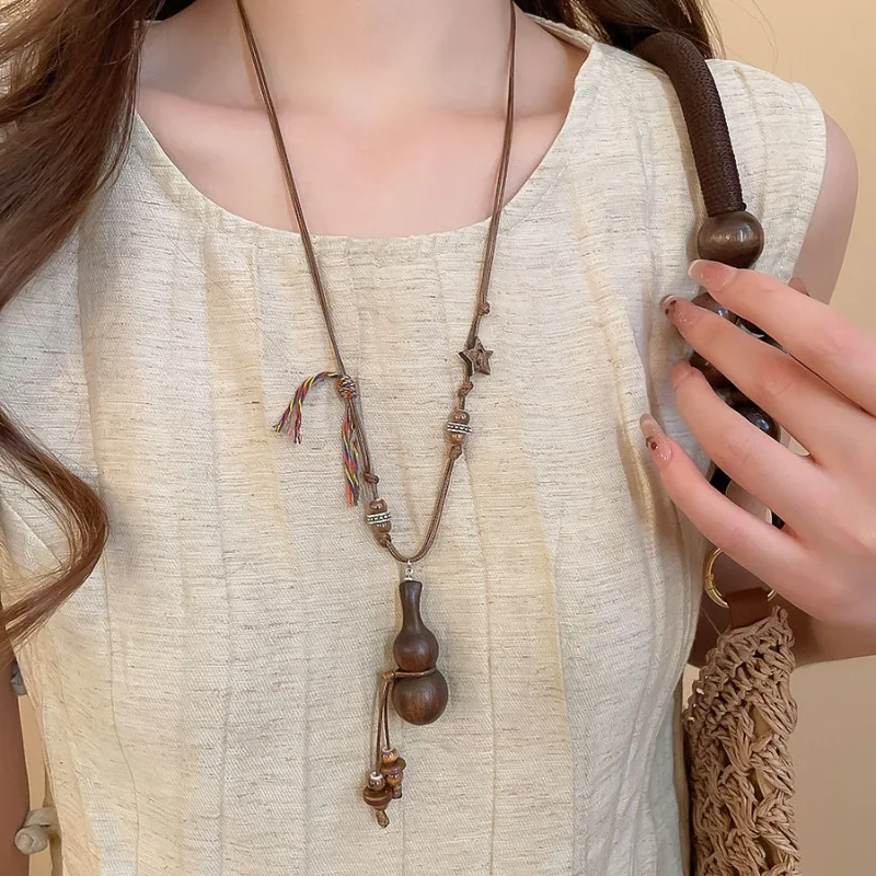 Minar Ethnic Ceramic Coconut Husk Star Wood Bottle Gourd Pendant Necklaces for Women Long Adjustable Rope Sweater Chain Choker view 3