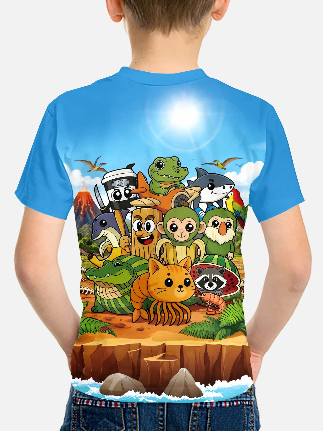 Colorful Jungle Animals Kids Tshirt, Boys Short Sleeve Graphic Tee with Monkey Crocodile Shark Print Daily Tops
