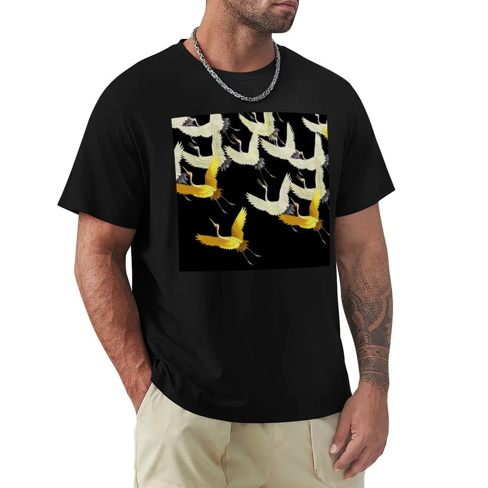 GOLD YELLOW WHITE FLYING CRANES IN BLACK Japanese Pattern T-Shirt Athletic Fit Sports Short Sleeve Top