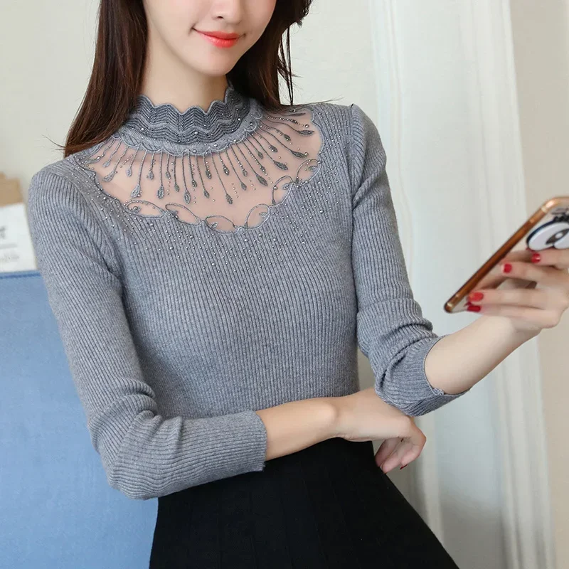 

Spring and Autumn Fashion New Half-turtleneck Knitwear Sweater Solid Color Embroidery Splicing Versatile Long-sleeved Top V1614