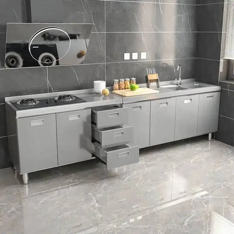 Kitchen Sideboard Stainless Cabinet 304 Steel Multi-door Cupboard Dining Room Locke Kitchen Storage Adjustable Shelf Cabinet