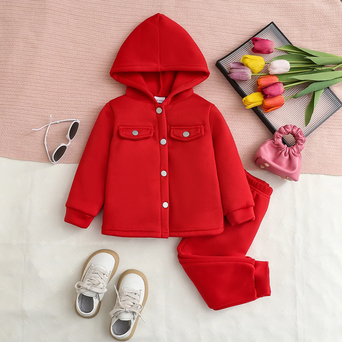 Children's Red Hooded Open Cardigan Set Girls Solid Color Fleece Sweatshirt Jacket with Cuffed Pants Two-Piece Set