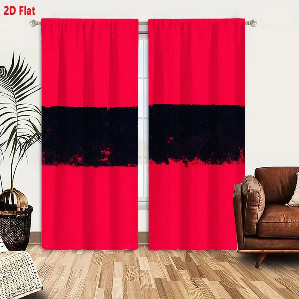 2Pcs Curtains 2D Flat Abstract Composition With Vivid Red Background And Horizontal Irregular Black Stripe Minimalist Modern Sty