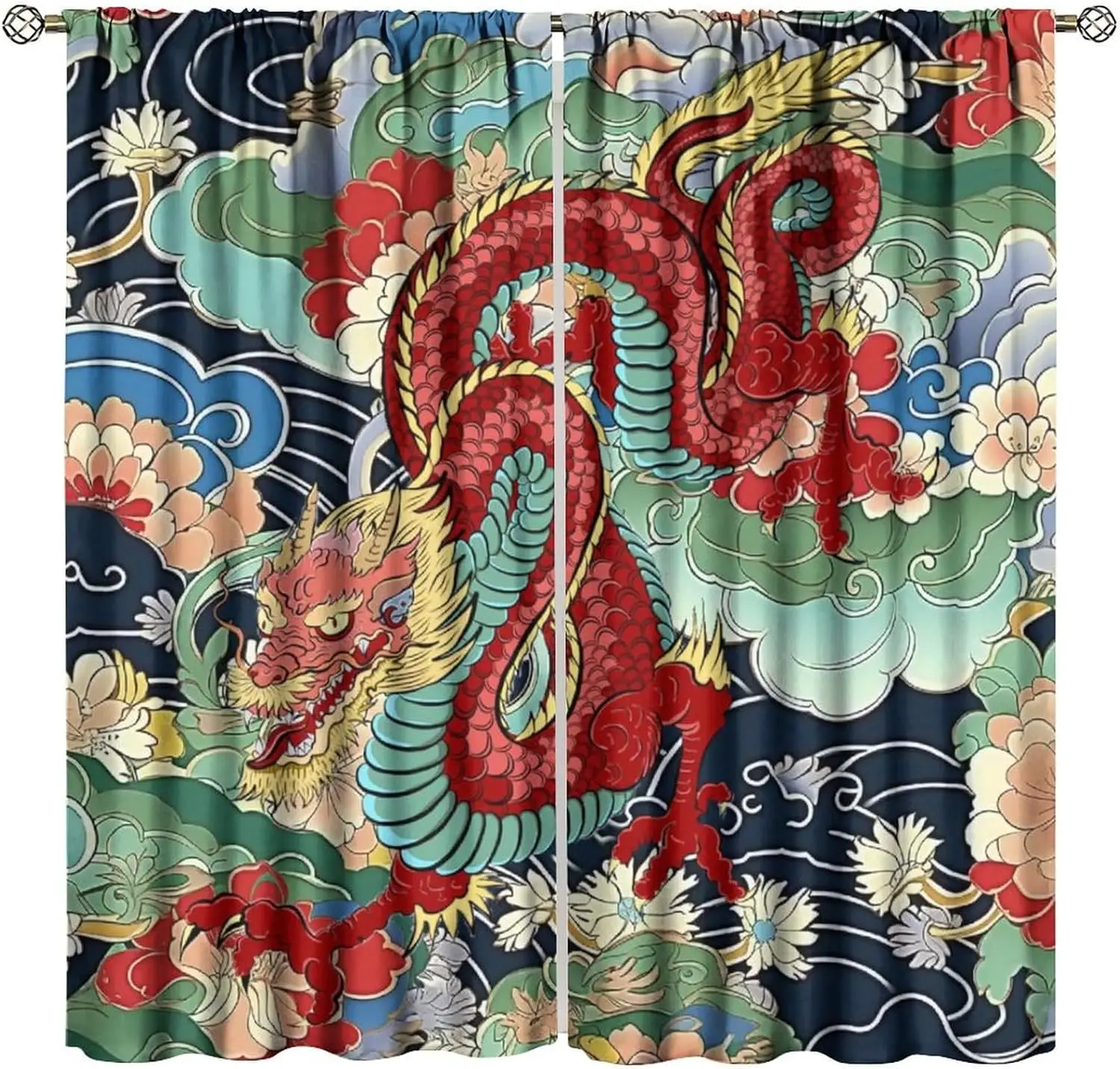 Japanese Dragon Curtain,Japanese Style Aesthetic Pretty Elegant Floral Watercolor Window Decorative for Bedroom Living Room Home