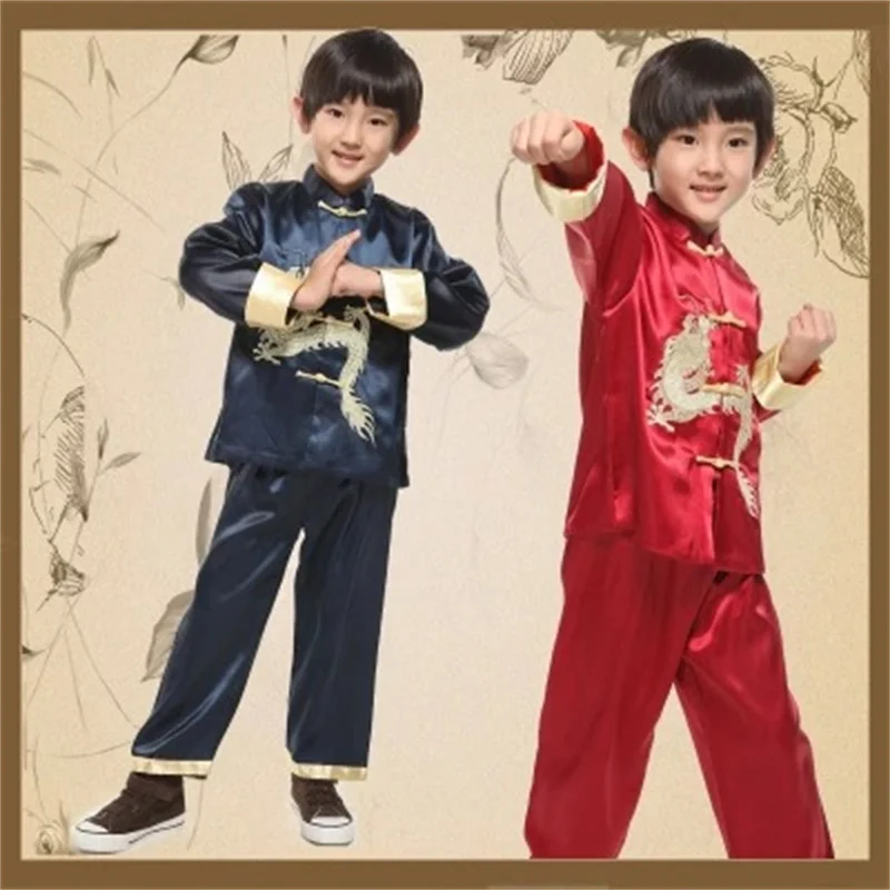 

Chinese Style Tang Suits Long Sleeve Embroidery Dragon Kung Fu Boy 2Pcs Sets Top Pants Children Cosplay Folk Clothing