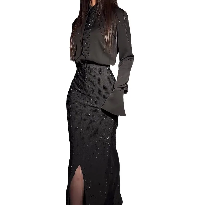 Ele Split Wrap Hip Skirt Set Sparkling Rhinestone Embellied Women's Faion Ensemble Spring 2024 Collection