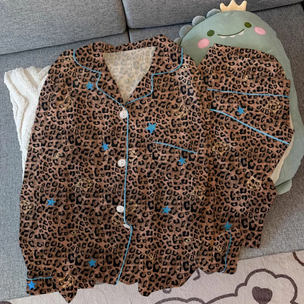 

Spring and Autumn New Women's Pajama Home Clothes Set Leopard Pattern Cat Loose Pajama Home Clothes Long Sleeve Long Pants Set