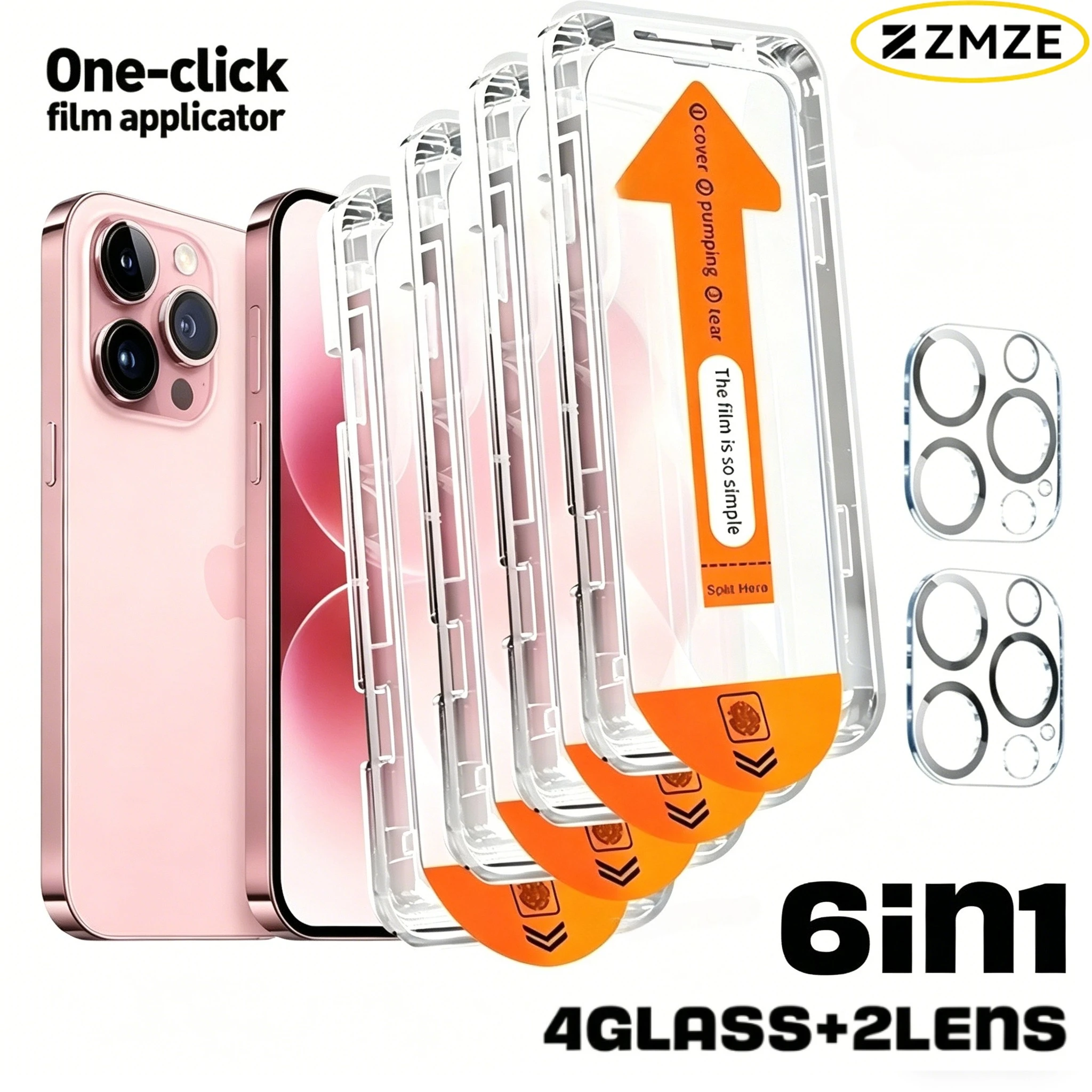 

6IN1 One-Click Tempered Glass Film for IPhone 17 Air 17 Pro Max 16 15 14 13 Mini 12 11 Pro 4PCS HD Tempered Glass 2PCS Lens Film