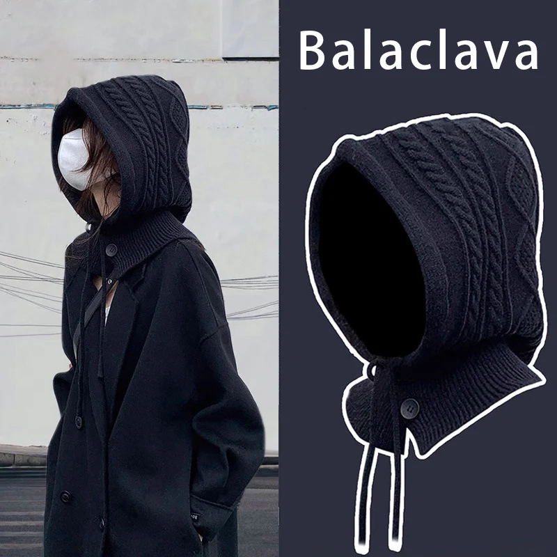 

Зимняя вязаная шапка в корейском стиле, уютная Балаклава для женщин, чехол для лица, капюшон, теплая шапочка для защиты ушей, универсальная утеплитель для шеи