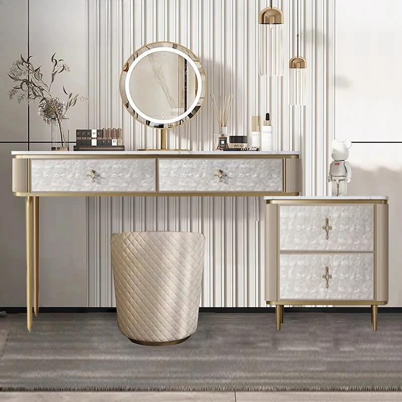 

-+-Retro Storage Vanity Desk Mirror Stool Luxury Lounges White Vanity Desk Makeup Drawers Bedside Coiffeuse Furniture For Home