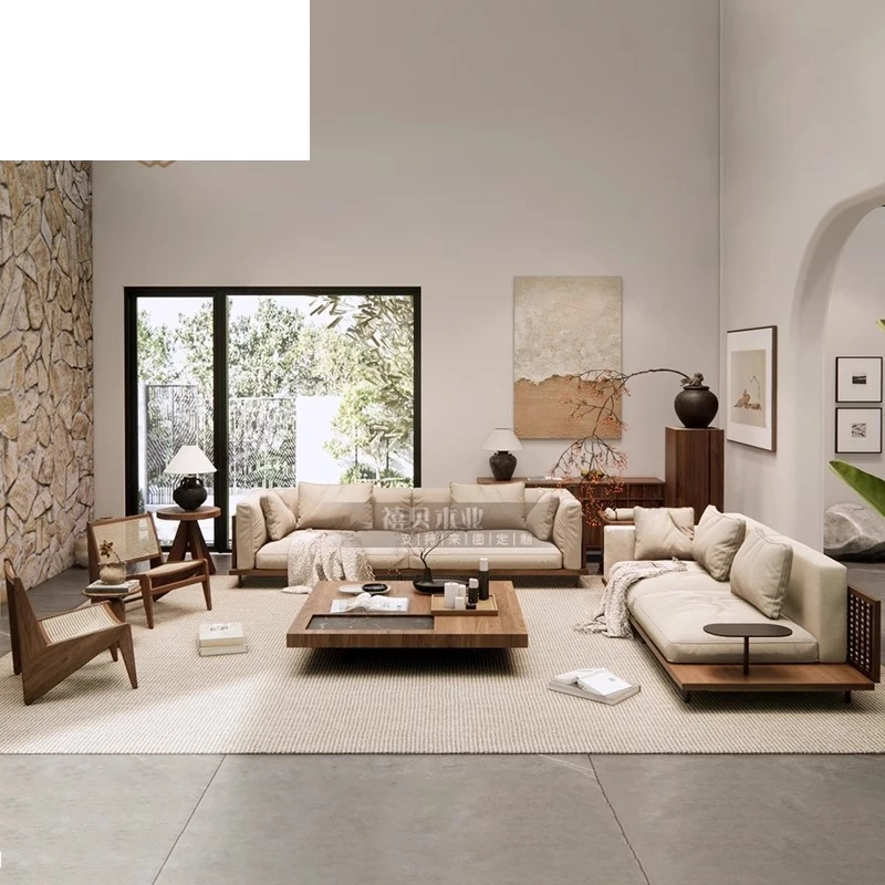 

Medieval wind zen straight row log sofa combination villa model room