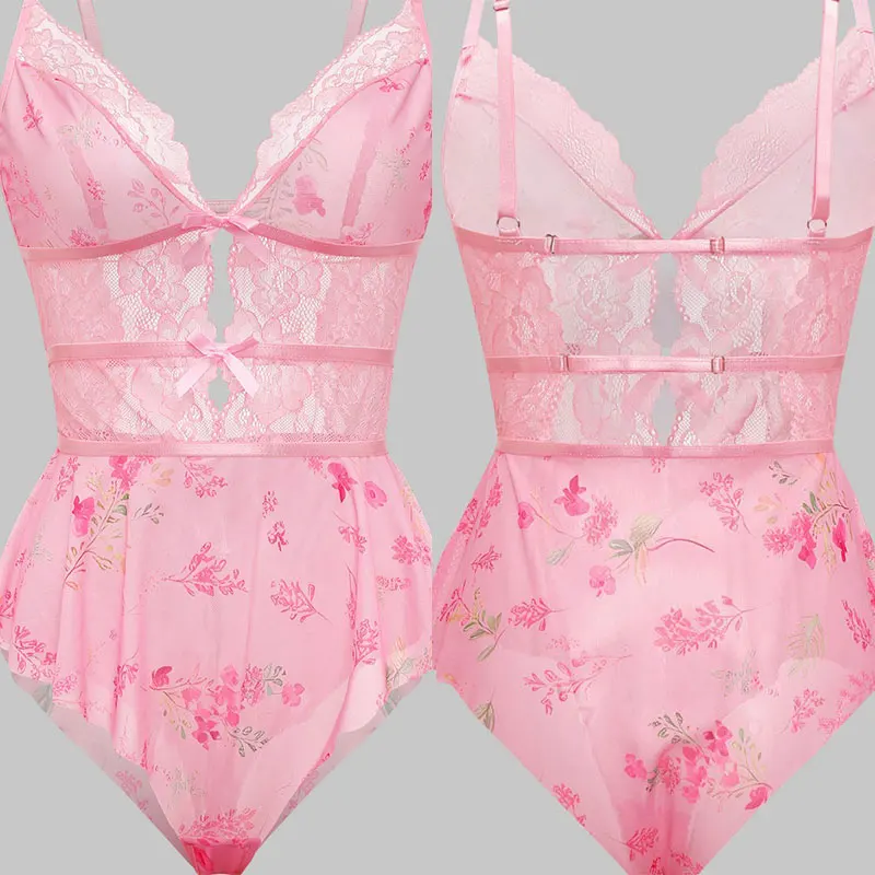 Sexy Spaghetti Strap Floral Sheer Lingerie Bra Set See Through Underwear Sensual Night Dress for Women Erotic Bobysuit
