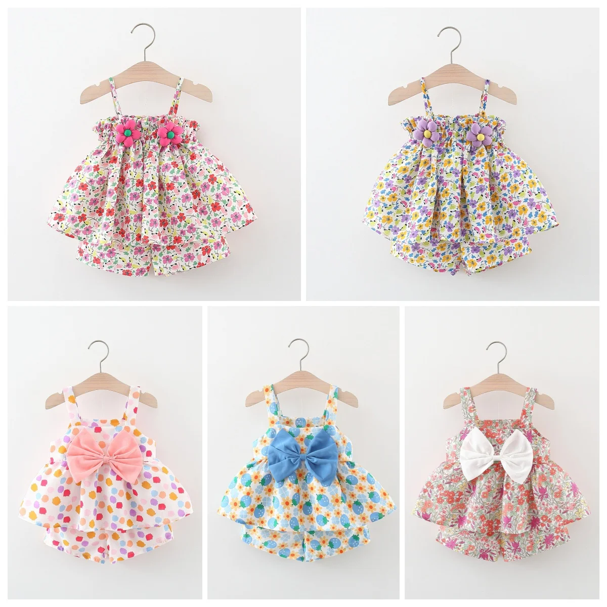 Summer Baby Set Cute Girl Beach 2-Piece Set Bow Tie Strap Fragmented Flower Top And Shorts Cool And Cute Children\'S Wear