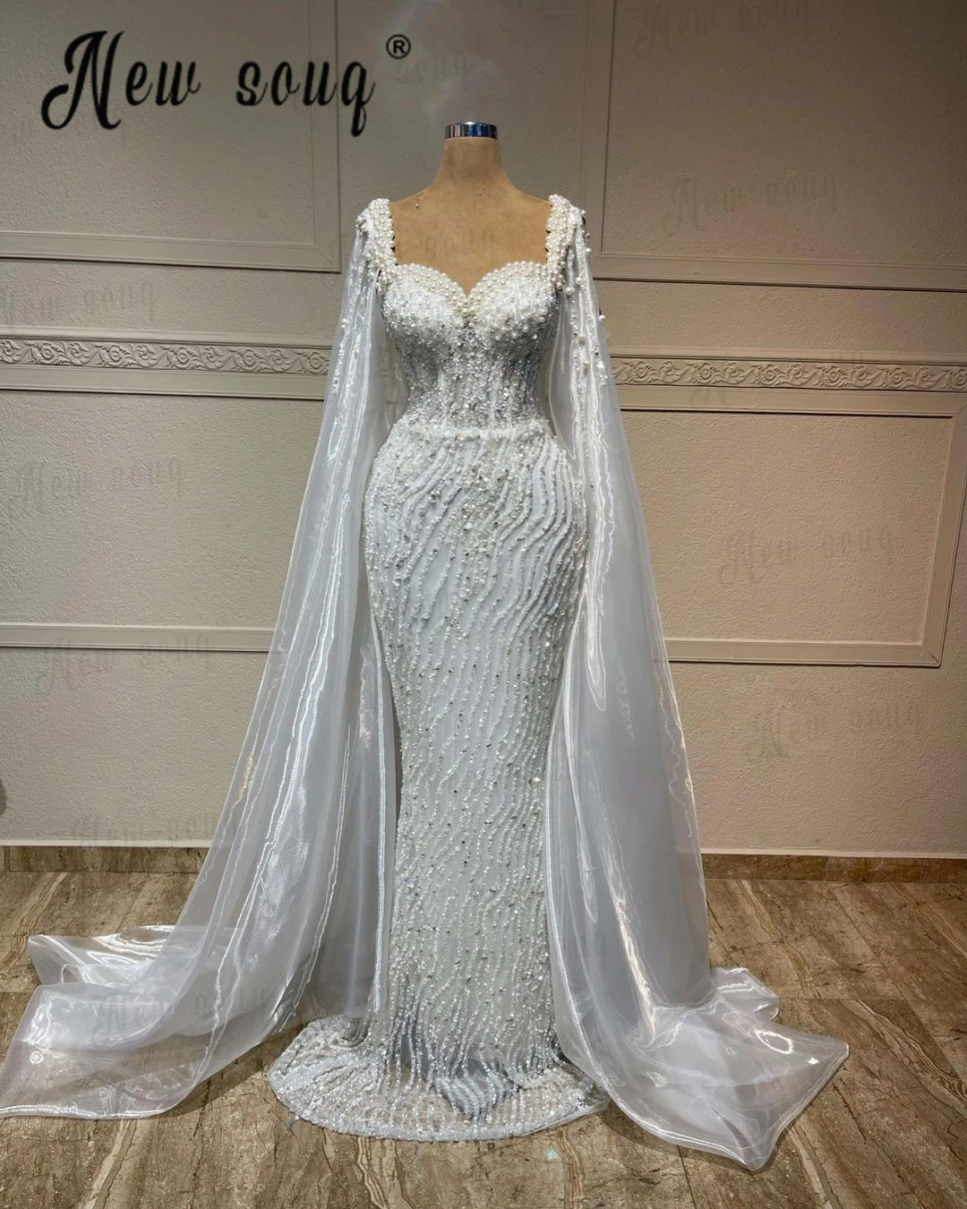 

вечернее платье Elegant Full Pearls Evening Dress With Long Cape Sleeve Dubai High Quality Celebrity Dresses Robe de Mariée 2023