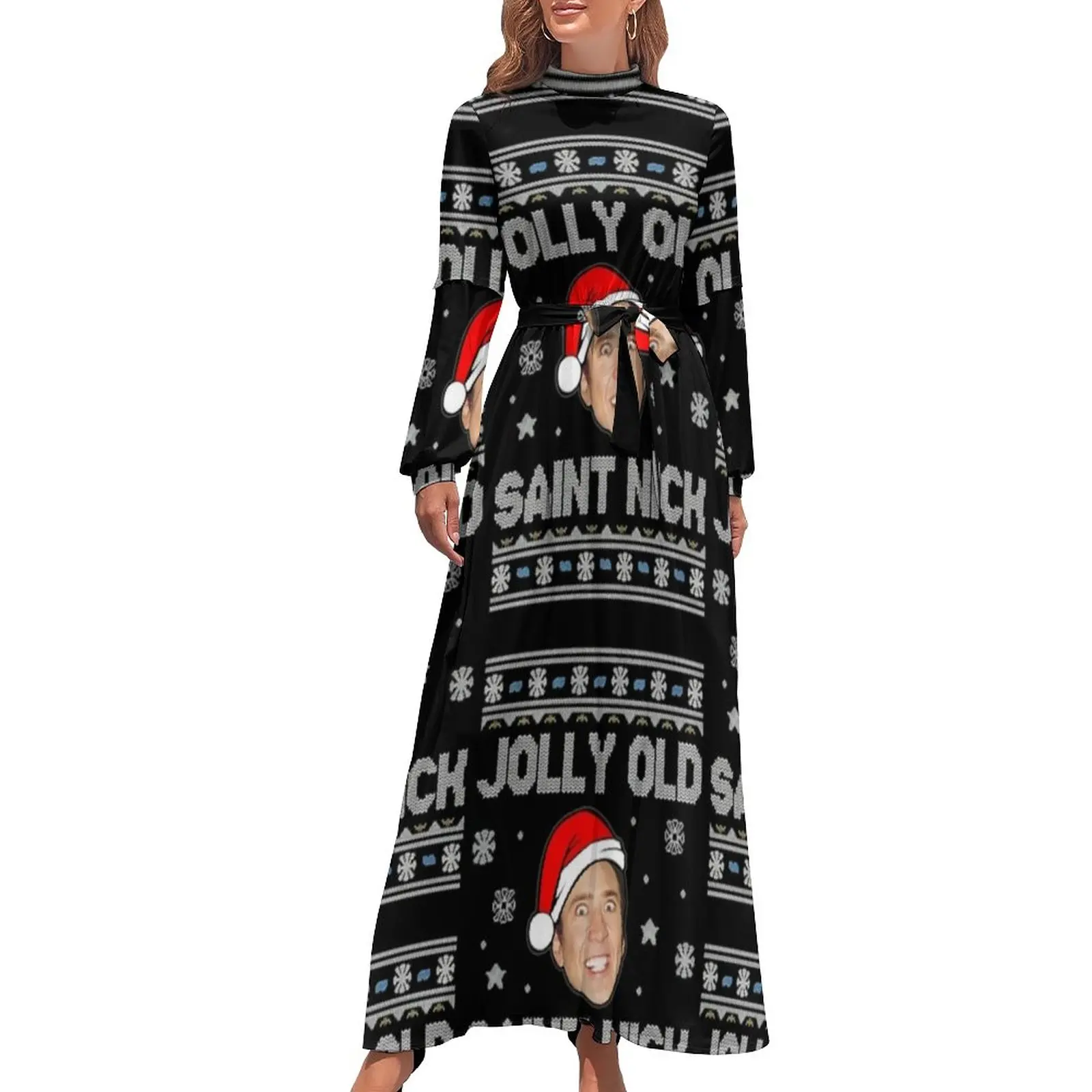 Funny Nicolas Cage Dress Merry Christmas Elegant Maxi Dress Streetwear Bohemia Long Dresses High Neck Graphic Clothing