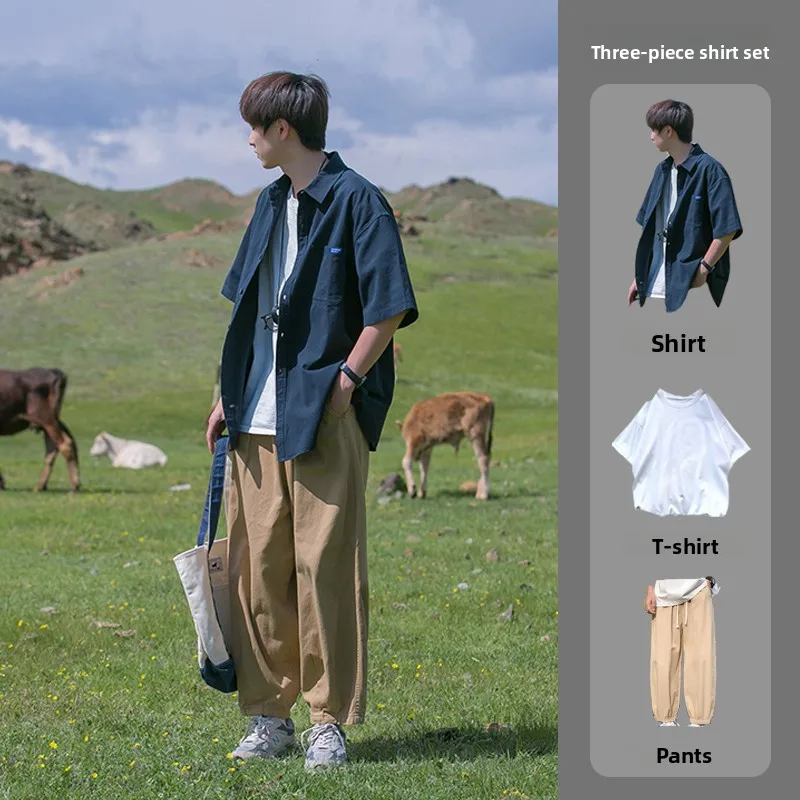 

Комплект мужской одежды свободного кроя: футболка и куртка в стиле американской рабочей одежды Seven Sve, синяя, в японском ретро-стиле