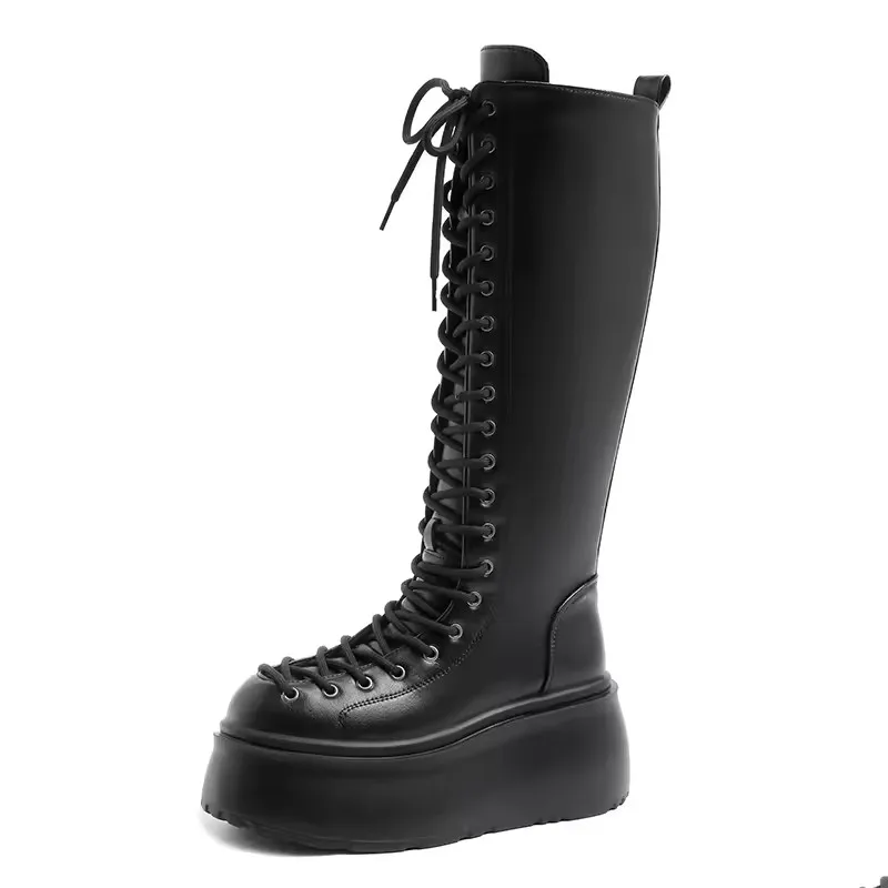 

Женские ботинки на платформе с боковой молнией 8 см, мотоциклетные сапоги до колена, черные длинные сапоги на шнуровке, замшевая кожаная осенне-зимняя обувь