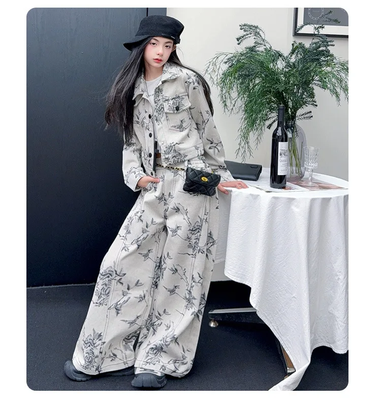 ink wash paining denim jacquard lapel coat wide-leg jeans Chic teen girls clothes set junior kid cowboy pants suit 158