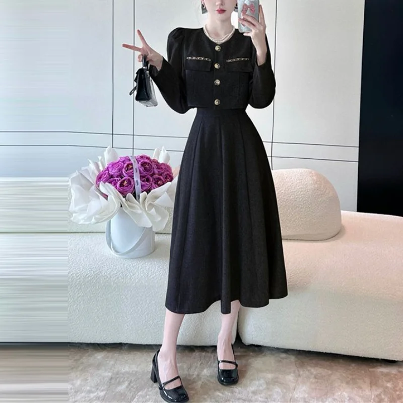 Women\'s Autumn New Leisure Suit Skirts Commuter Fashion Button Pocket Coat High Waist Half Skirt Long Sleeve 2-piece Skirt Set