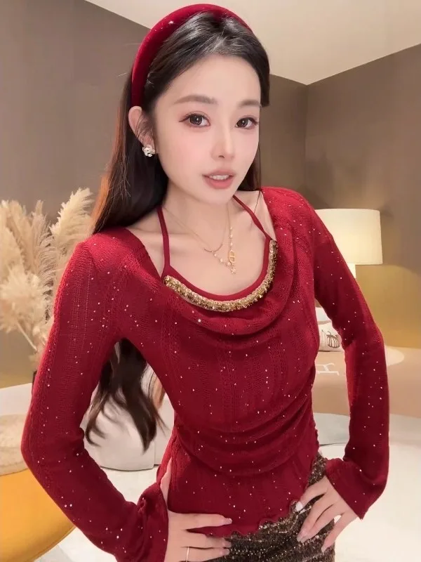 

plus Size Cisas Aosphere Rhinestone Knitwear Women's Autumn Winter Slim Fit Waist Cinching Slimming Base Layer Top New ...